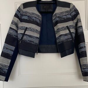 BCBGMaxAzria Navy, Gray and Light Blue Striped Cropped Blazer